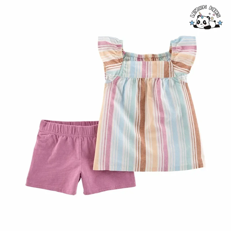 LEZONKIDS - Conjunto de Roupas para Meninas Casuais com Top sem Manga Listrado Colorido e Shorts Rosa para Verão Personalizável